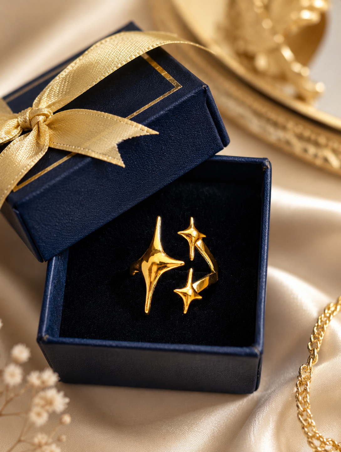 Stellina Gold Plated Anti Tarnish Statement Star Ringset in a jewellery box
