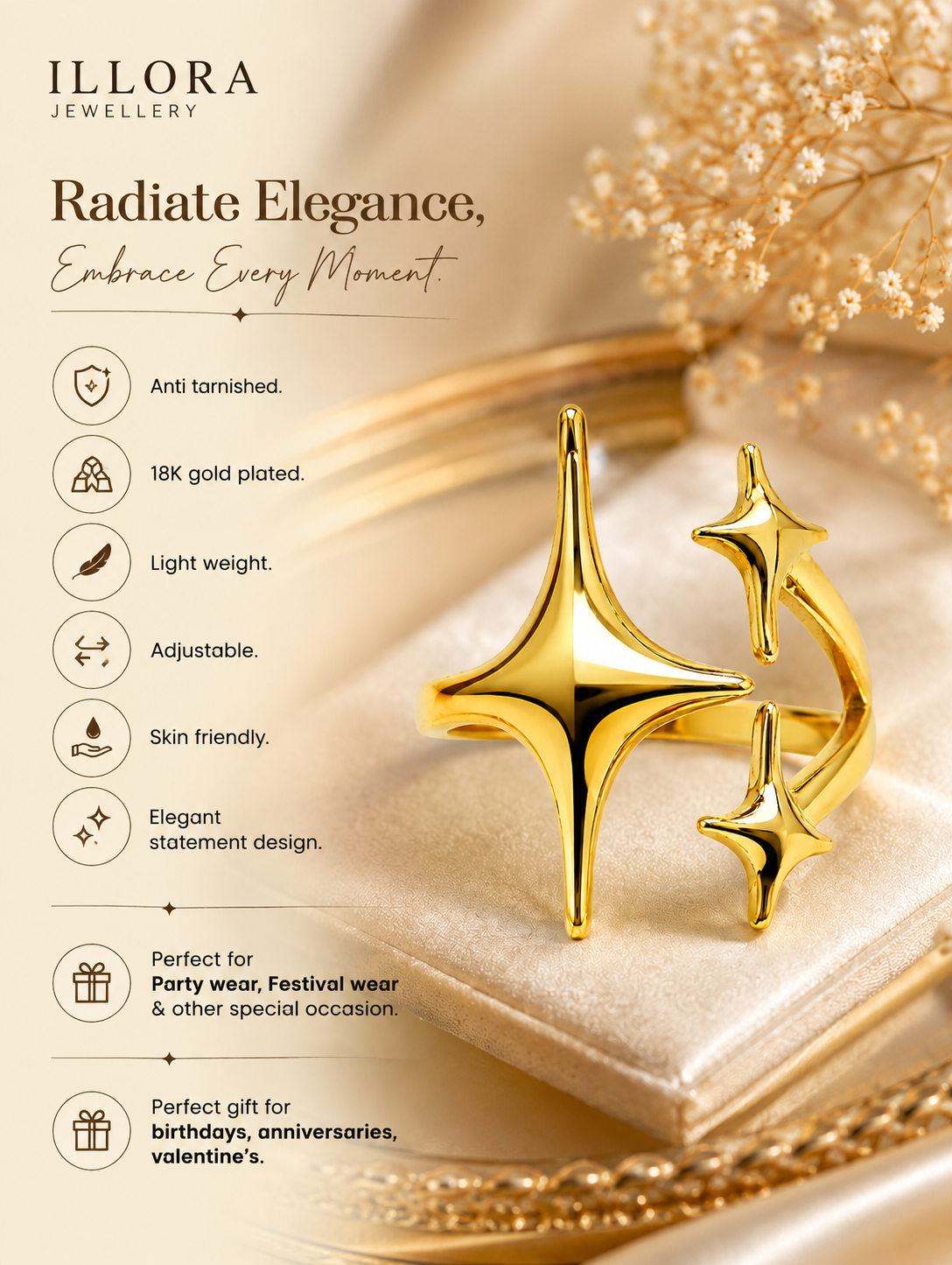 Stellina Gold Plated Anti Tarnish Statement Star Ring product feature
