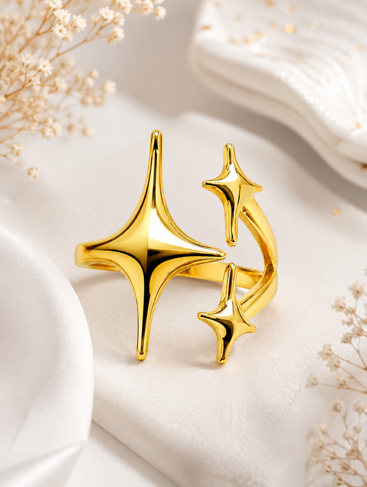 Stellina Gold Plated Anti Tarnish Statement Star Ring on soft white fabric