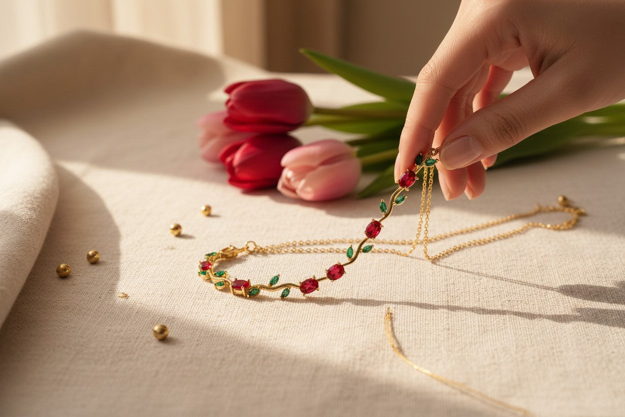 Hand holding a anti-tarnish, gold-plated Tulip necklace with red and green stones on a light surface with tulips in the background