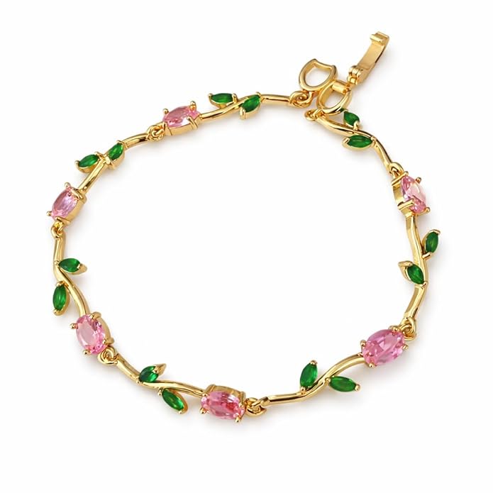 Anti-Tarnish, gold plated tulip bracelet for women & girls with pink and green zirconia on a white background
