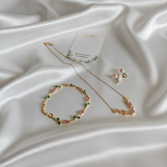 Tulipa Blush & Bloom Gold Plated Anti-Tarnish Jewellery Set for Women with matching Pink Tulip Necklace, Bracelet & Earrings on a white sheet