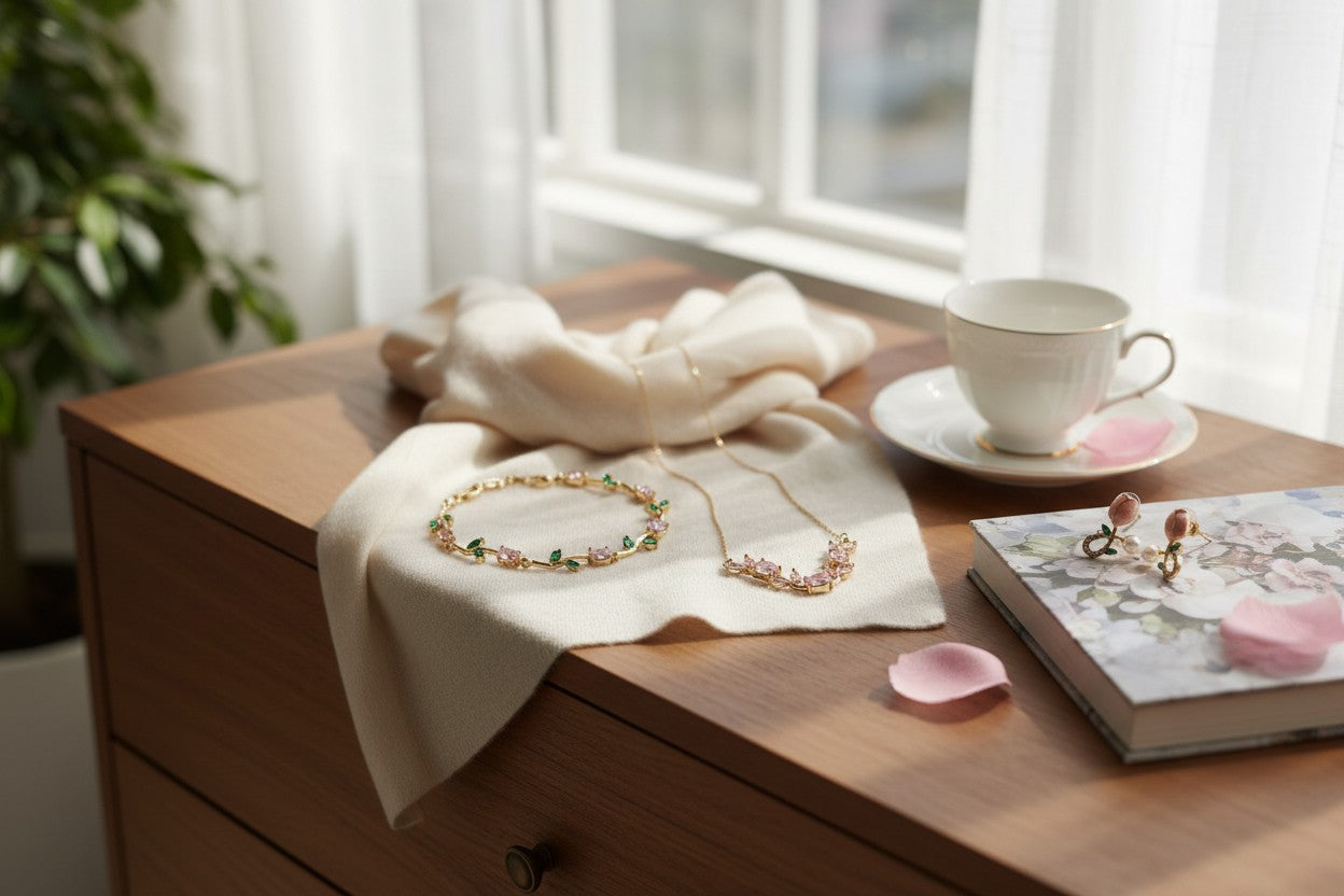 matching Pink Tulip Necklace, Bracelet & Earrings for women on a wooden surface
