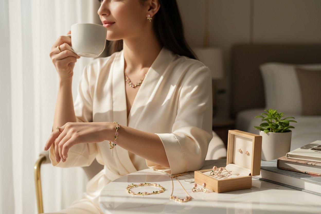 Woman in a white robe wearing Tulipa Blush & Bloom Gold Plated Anti-Tarnish Jewellery Set for Women with matching Pink Tulip Necklace, Bracelet & Earrings