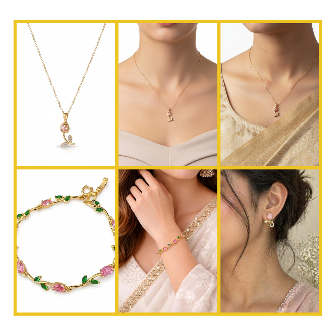 Collage of Tulipa Petal Muse Gold Plated Anti-Tarnish Jewellery Set for Women with Pink & Green Tulip Pendent Necklace, Bracelet & Earrings on a white background.