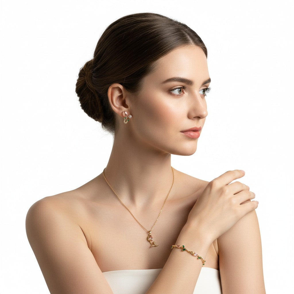 Women wearing Tulipa Petal Muse Gold Plated Anti-Tarnish Jewellery Set for women