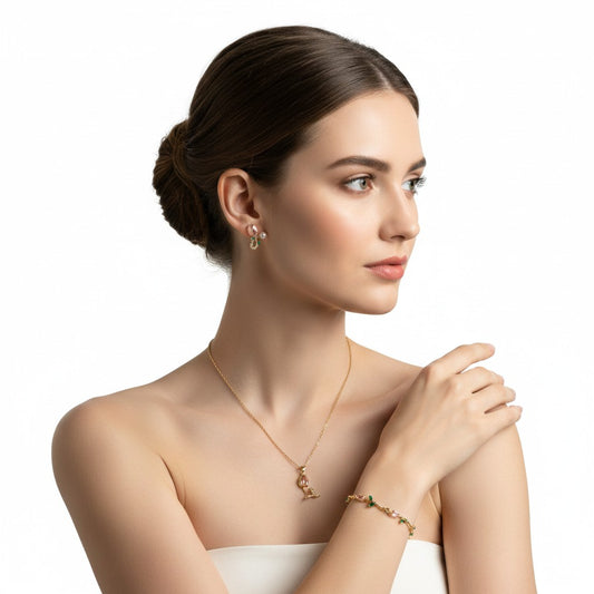 Women wearing Tulipa Petal Muse Gold Plated Anti-Tarnish Jewellery Set for women
