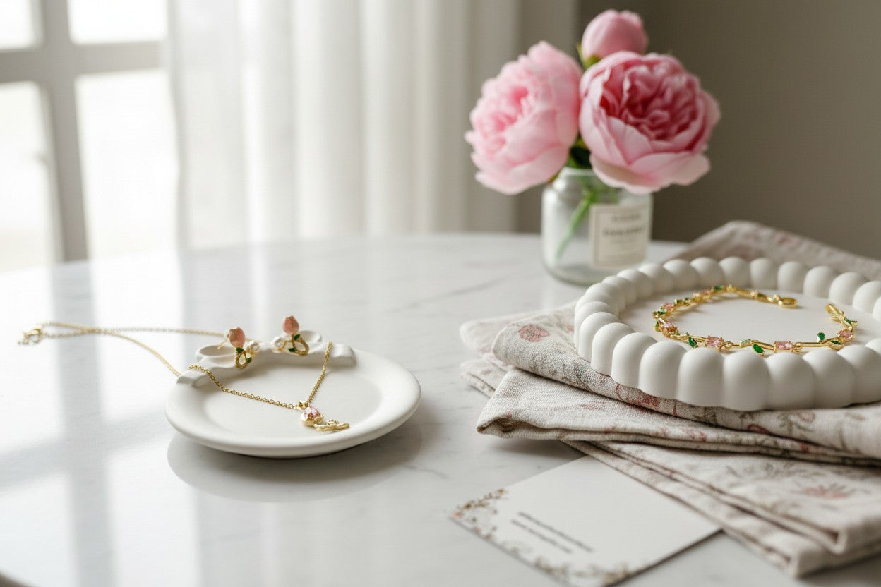 Tulipa Petal Muse Gold Plated Anti-Tarnish Jewellery Set for Women with Pink & Green Tulip Pendent Necklace, Bracelet & Earrings on a white plate with pink flowers in the background