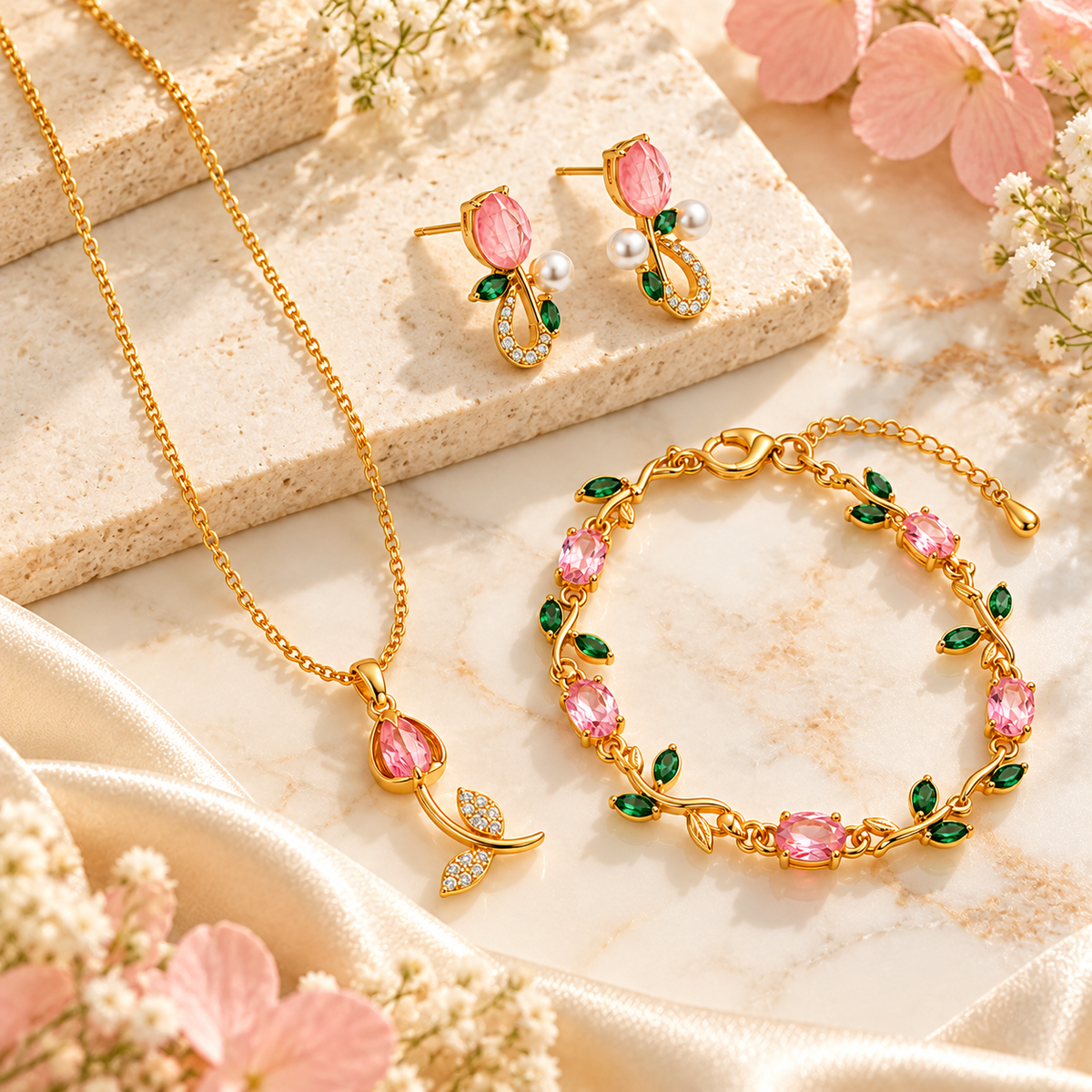 Tulipa Petal Muse Gold Plated Anti Tarnish Jewellery Set