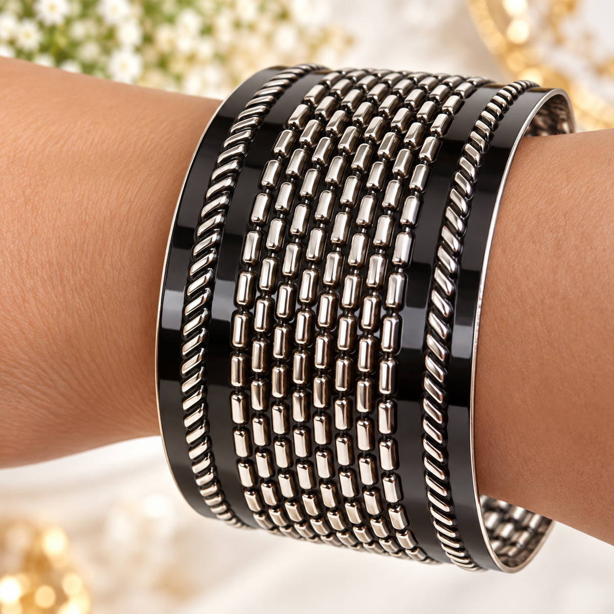 Woman wearing Oxidised Black & Silver Polished Stripe Design Cuff Bracelet for Women