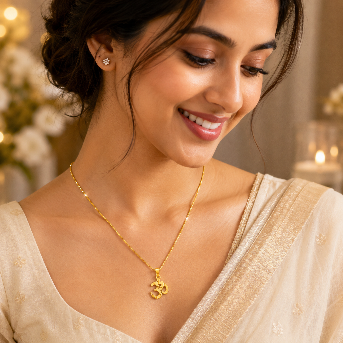 A woman wearing Celeste gold plated Om Necklace