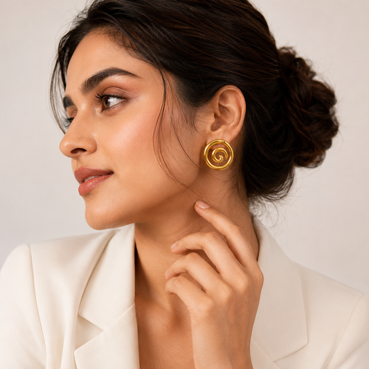 women wearing Amara Gold Plated Anti Tarnish Spiral Statement Stud Earrings