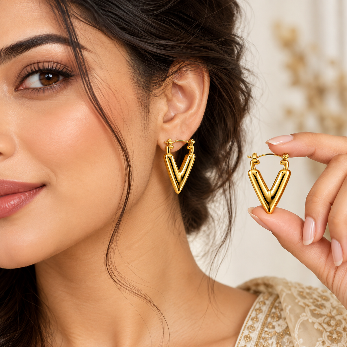 women wearing Gold Plated Anti Tarnish V Shape Hoop Earrings for Women