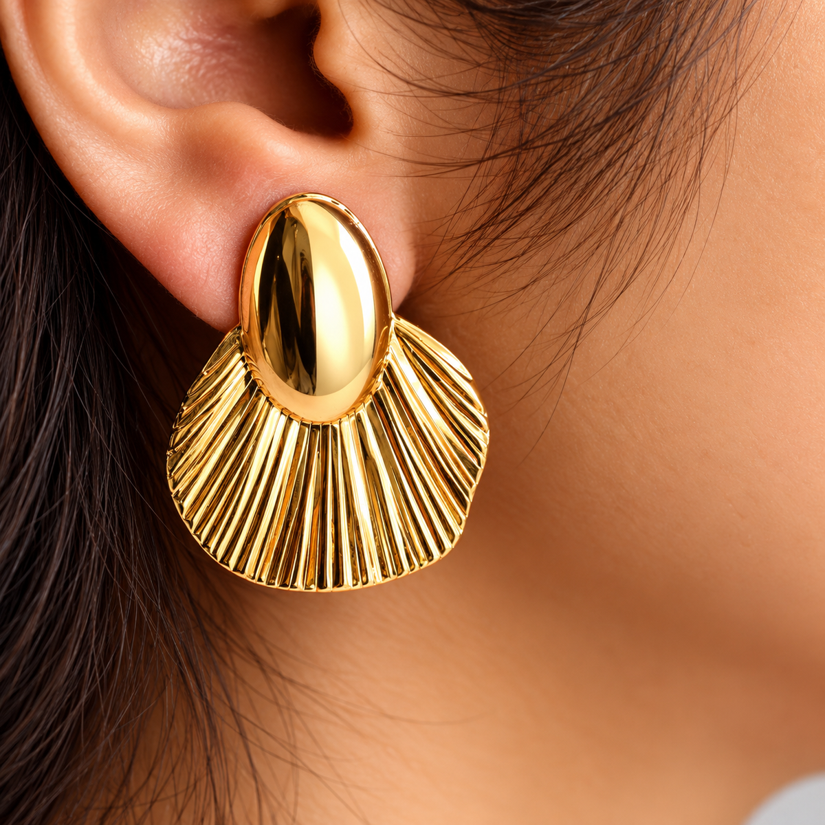 women wearing Gold Toned Chunky Petal Stud Earrings for Women