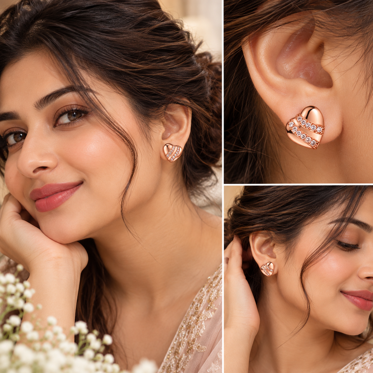 women wearing Rose Gold Plated Anti Tarnish American Diamond (AD) Minimal Heart Stud Earrings for Women