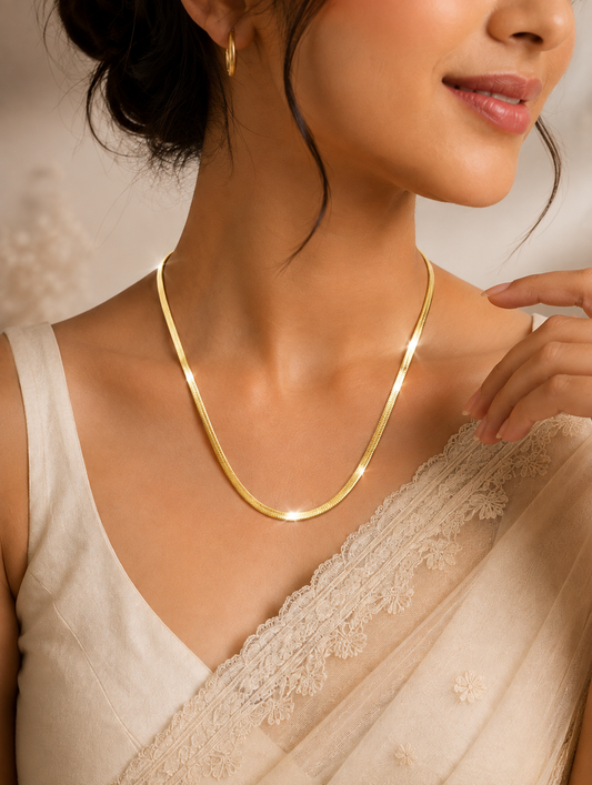 women wearing Serpentina Herringbone Gold Plated Anti Tarnish Snake Chain Necklace