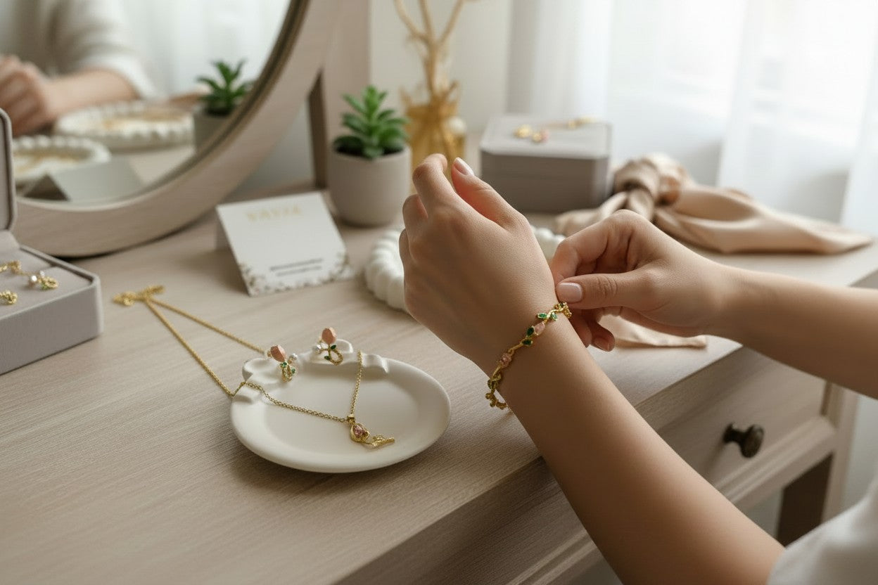 Woman wearing anti-tarnish, gold-plated Tulip bracelet with Tulip Necklace and Tulip Earrings on a vanity table.
