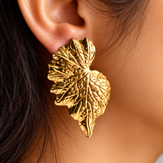women wearing Gold Toned Chunky Big Leaf Stud Earrings for Women